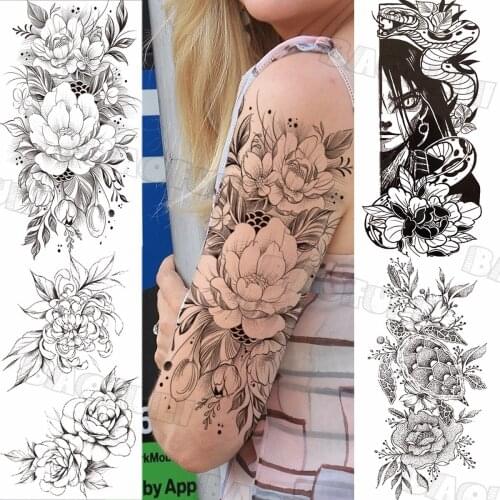 Black big lotus Temporary Tattoos For Women Girl Rose Turtle Fake Tattoo Sticker Realistic Body Art thigh Arm Tatoo Paper