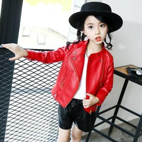 Childrens Pu Leather Jacket Girls Red Zipper Locomotive Jacket Spring Autumn Korean Girls Rivet Cool Leather Jacket Motorcycle