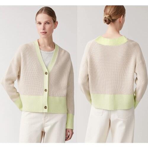 Classic Tricolor Cotton Cropped Cardigan Cozy Chic Drop-Shoulder Single Breasted Oversized Knitwear Contrast Color Knit Outwear