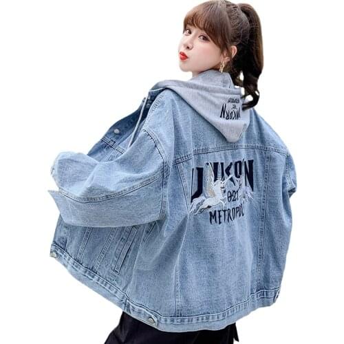 Embroidered Denim Jackets Women Spring Autumn Outside Wear NEW Loose BF Medium Long Removable Cap Cowboy Jacket Tops Streetwear