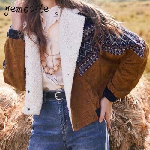 Womens Jacket Corduroy Lambswool Coat Women Faux Fur National Style Coat Ladies Outerwear 2021 Women Jackets Autumn Winter