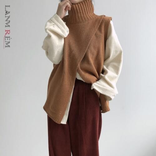 LANMREM 2021 Autumn And Winter New Turtleneck Split Sleeveless Gray Loose Casual Vest All-match Solid Colortop For Women 2A2433
