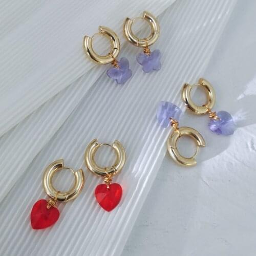 LOVOACC Red Purple Color Glass Love Heart Earrings Butterfly Gold Chunky Circle Drop Earrings Clear Minimalist Brass Jewelry