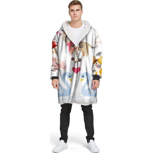 Lovely Hooded Couple Blanket For Adults Wearable Home Coat With Sleeves Thick Button Jacket Pajamas Blanket Throw Outdoor Cloaks