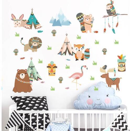 Cute indian tribe owl lion bear fox wall stickers for kids rooms nursery home decor cartoon animals wall decals pvc mural art