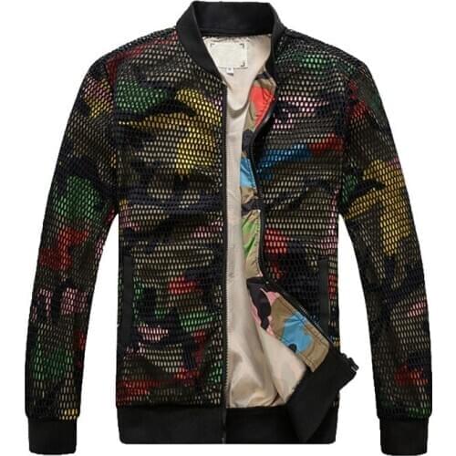 Fashion Mens Camouflage Bomber Jacket Hollow Out Desige Slim Fit Camo Windbreaker Baseball Jacket and Coat for Men