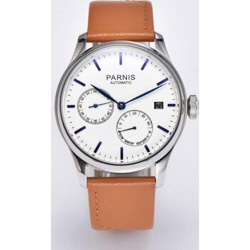 New Arrival Parnis 43mm White Dial Automatic Men Watch Power Reserve Mechanical Calendar Wristwatch Top Luxury Brand With Box