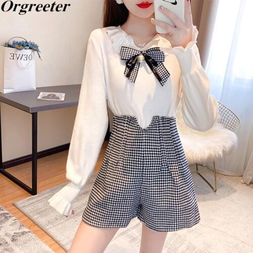 Fall Winter New Bowknot Deco Ruffles Collar Long Sleeve White Pullover Tops Small fragrance Houndstooth Shorts Two piece sets
