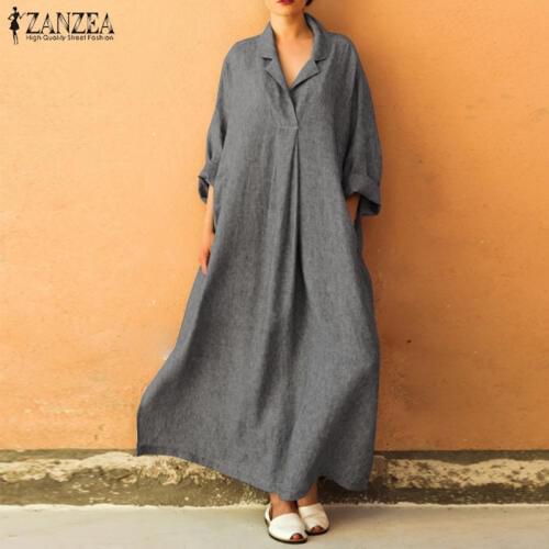 2021 ZANZEA Autumn Long Dress Elegant Women Lapel Neck Long Sleeve Solid Loose Casual Maxi Vestido Femme Sundress Kaftan Robe