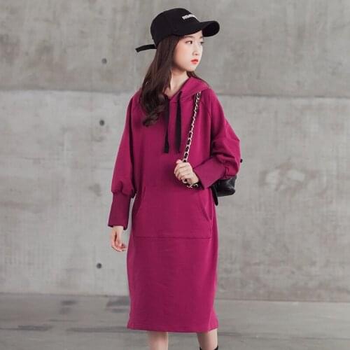 Teenage Girl Dress 2021 Fall New Big Girl Solid Color Pocket Hooded Cotton Long Sleeve Dresses Children Dress