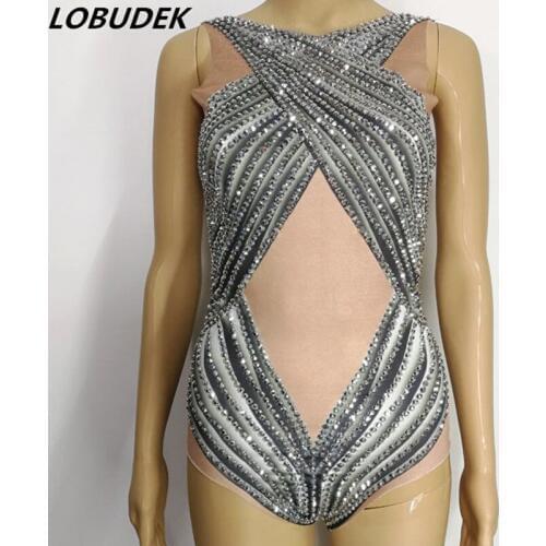 Occident Style DJ Singer Stage Costumes Nightclub Dancer Troupe Jazz show Bright Rhinestone Crystal Bodysuit Bar Party costume