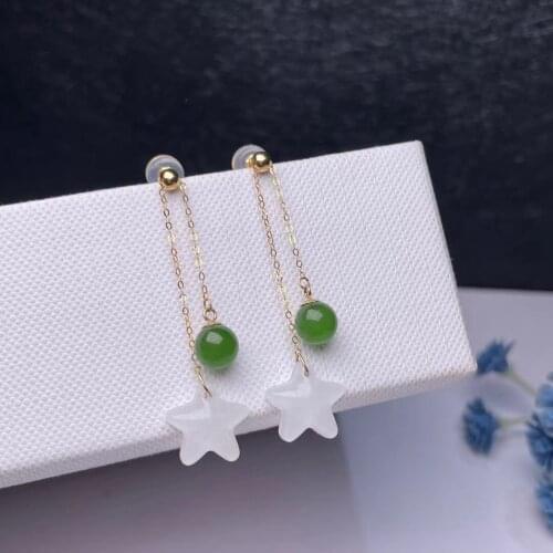 SHILOVEM 18k yellow gold real Natural white Jasper drop earring classic fine Jewelry women wedding gift new 6mm myme0606552hby