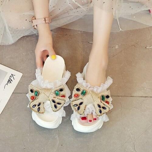 Bowknot Platform Slippers Womens Summer Wear Fashion 2021 New Muffin Rhinestone Height Increasing Insole Sandals