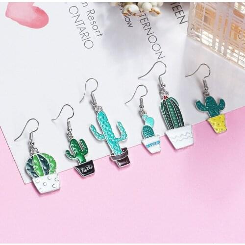 Lovely Funny Potted Cactus Earrings For Women Girls Drip Alloy Pendant Fashion Ear Jewelry fresh green plant earrings