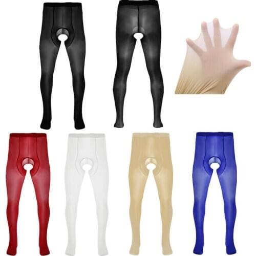 Sissy Mens Ice Silk Glossy Open Crotch Sheer Pantyhose Oil Shiny Stockings Tights Hosiery Pants Underwear Erotic Lingerie