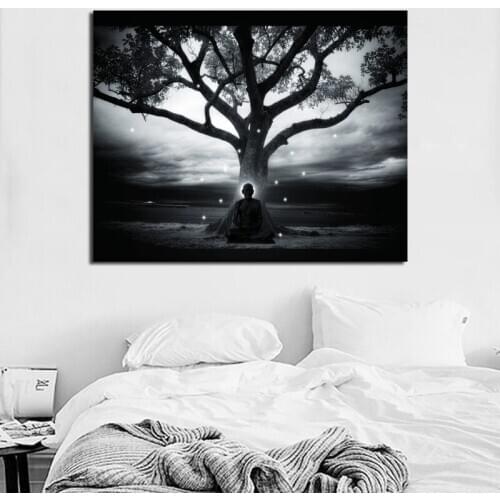 Buddha Zen Master Sitting Under Tree Art Canvas Poster Painting Oil Wall Picture Print Modern Home Bedroom Decoration Framework