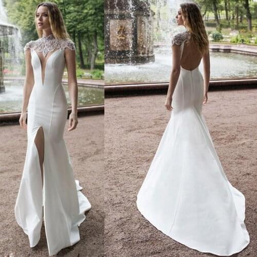 LORIE Mermaid Wedding Dresses 2019 New High Neck Front Split Lace Beads Satin Bridal Gowns Sweep Train Wedding Dress Plus size