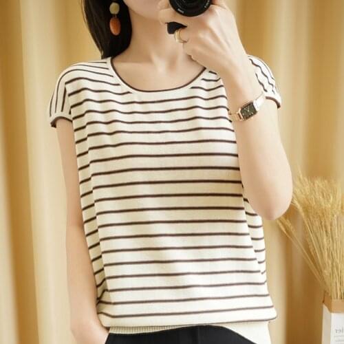 SZDYQH New Summer 100% Cotton Womens Loose Striped Thin T-shirts Casual Tee Tops V-Neck Short Sleeve Female Bottoming Shirt