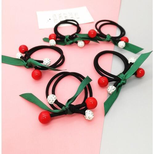 Highly elastic cherry bowknot hair bands cute girls hair ties rope kids scrunchy thick hair woman ponytail holder headwear