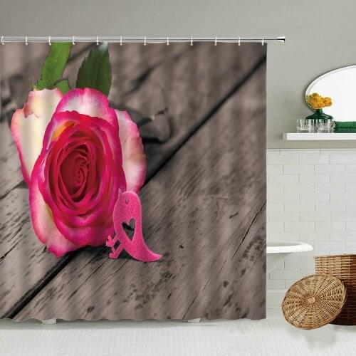 Pink Rose Flower Shower Curtain Sunflower Bouquet Retro Old Wooden Board Art Design Bathroom Waterproof Curtains Home Decoration