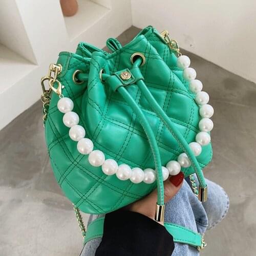 Women Diamond Lattice Handbag Green Soft Leather Shoulder Bag Female Sac Chain Luxury Crossbody Bags Women Drawstring Bucket Bag