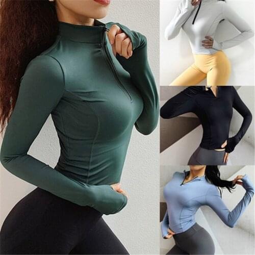 Zipper Women Long Sleeve Running Shirts Sexy T-shirts Solid Sport Shirts Quick Dry Fitness Gym Tops