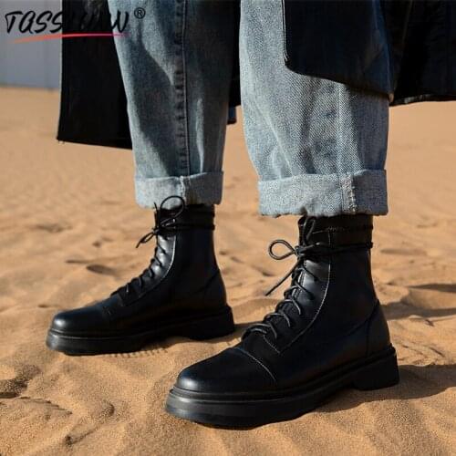 TASSLYNN 2020 Winter Cool Motorcycle Boots for Women Lace-Up Patent Leather Flock Winter Boots Round Toe Platform Boots 34-43