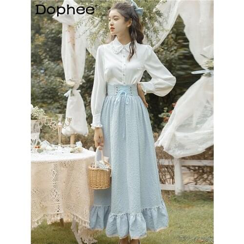 2021 Spring and Autumn Suit Womens White Doll Collar Shirt Blue Elegant Long Skirt Two-Piece Set Slimming Suit for Women