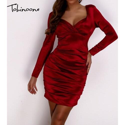 Tobinoone Ruched Backless Party Women Bandage Dress Ruched Long Sleeves Autumn Sexy Club Short Dresses Slim Tie Bodycon Dresses