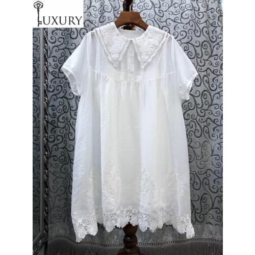 Summer 100%Silk Sweet 2020 Cute Ladies Turn-down Collar Luxurious Embroidery Short Sleeve Straight White Black Brown Dress
