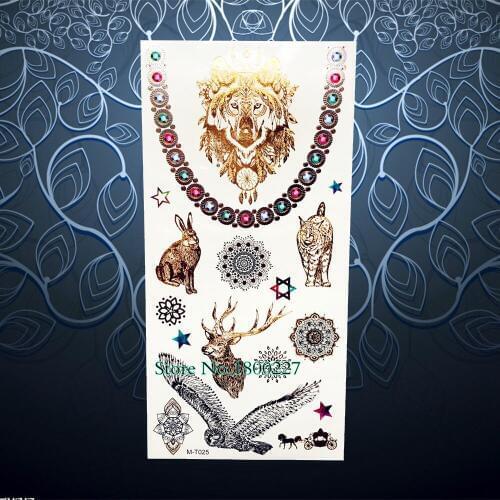 Gold Indian Wolf Flash Metallic Temporary Tattoo Women Body Makeup Arm Tatoo Sticker PGMT25 Deer Tattoo Choker Tiger Eagle Henna