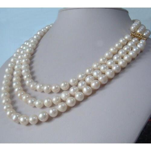 3 row strands natural 8-9mm akoya white pearl necklace 17"18"19"14K gold clasp
