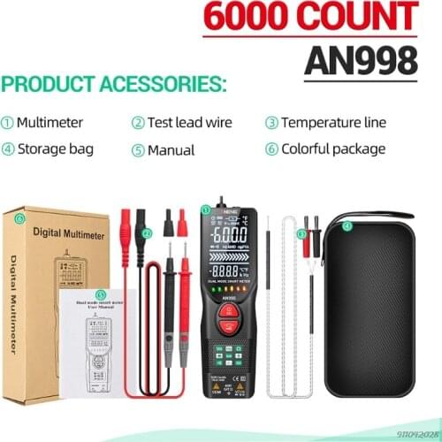 AN998 Automatic Digital 6000 Counts Professional Multimeter Eletric Auto Ranging AC/DC Voltmeter Temp Ohm Hz Detector Wholesales
