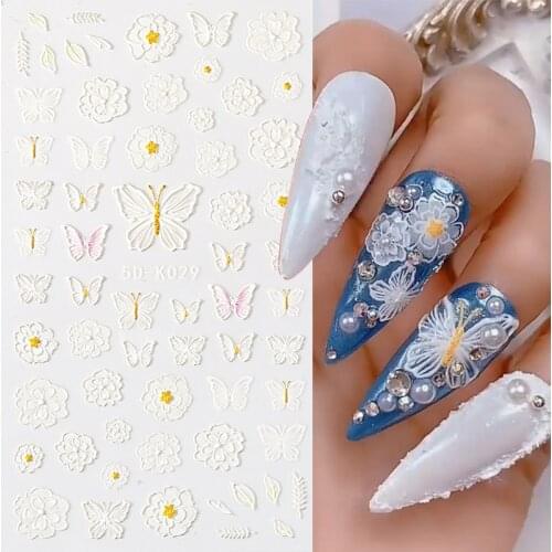 White Embossed Butterfly 5D Sticker Decal Wedding Nail Art Designs Floral Flower Lace Japanese Manicuring Decor Engraved Slider