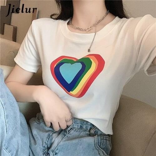 Jielur Summer New Rainbow Love Printed Short Sleeve Tshirts Women Thin Solid Color Top Femme Casual O-neck White Women T-shirts