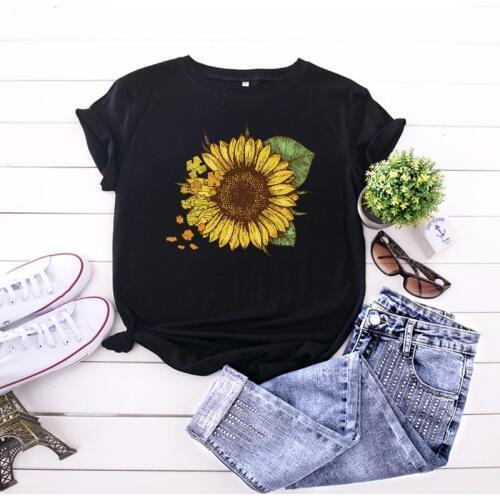 JCGO Fashion Summer T-Shirt Women 100% Cotton Sunflower Print Female Short Sleeve Plus Size S-5XL Tshirts Casual Lady Tops Tee
