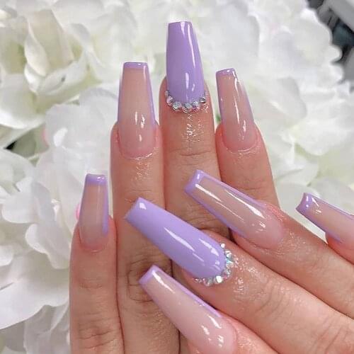 24Pcs Detachable Purple Long Coffin False Nails Wearable Sky Blue Glitter Ballerina Fake Nail Full Cover Nail Tips Press On Nail