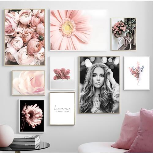 Pink Flower Rose Gerbera Fashion Girl Wall Art Canvas Painting Nordic Posters And Prints Wall Pictures For Living Room Decor
