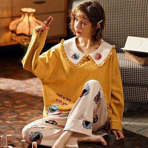 2021 New Autumn College Style Womens Full Pure Cotton Pajamas Sets Navy Collar Long Sleeve Bow Sleepwear Sweet Lovely Pyjamas