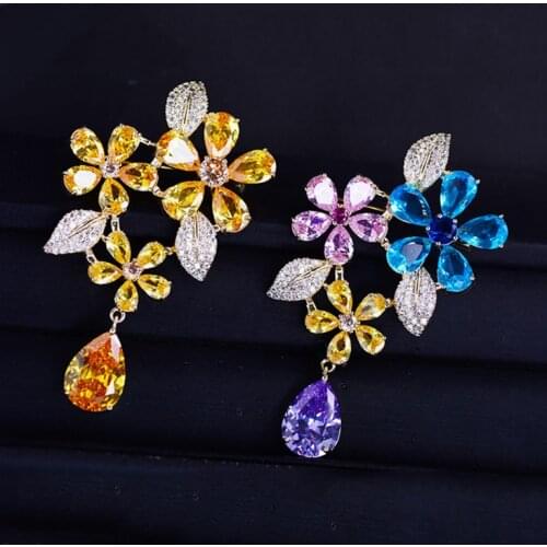 OKILY Luxe Beautiful Bouquet Brooches for Womens Winter Coat Accessories Colorful Zirconia Flower Leaf Broochpin Jewelry