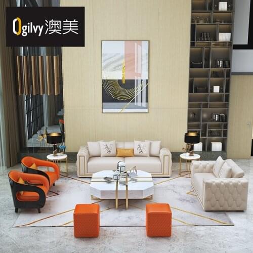 Post Modern Italian light luxury leather sofa combination Italian villa living room high end leather simple furniture