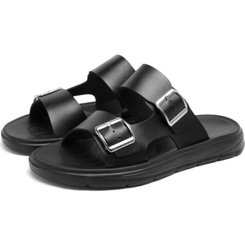 Classic Black Flat Slides 2 Strap Double Buckle Adjustable Slip on Sandals Rubber Sole Outdoor Flip Flops Beach Slippers