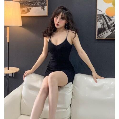 Glittering Rhinestone Bodycon Dress Sexy Women Party Dress Summer Ribbed Knit Spaghetti Straps Dress