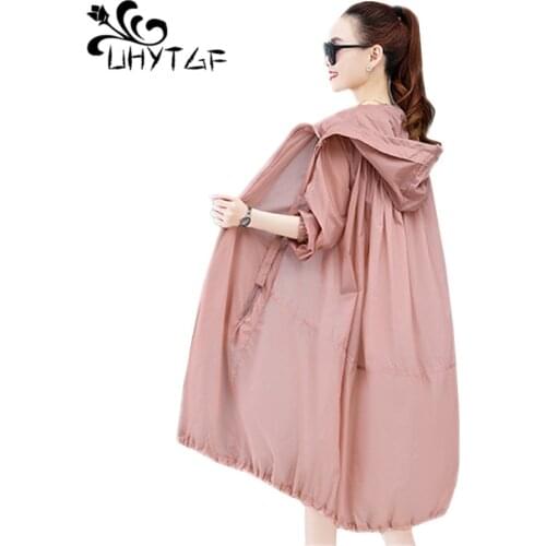 UHYTGF Mid-Length Ice Silk Thin Sunscreen Clothing Womens Coat 2021 Fashion Hooded Breathable Summer Jacket Oversized Tops 1395