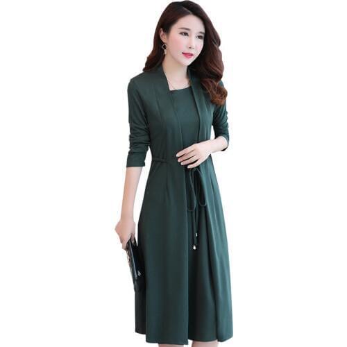 Spring and autumn fashion casual new middle - aged women 's long paragraph Slim long - sleeved fake two - piece dress