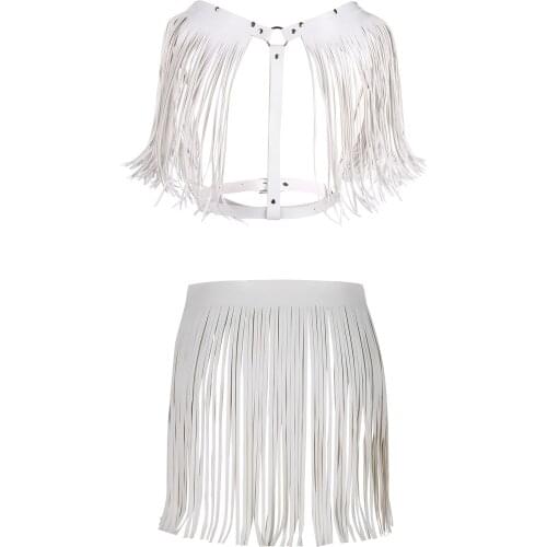 Women Rave Clothes PU Leather Tassel Chest Harness Belt with Fringe Tassel Skirt Sexy Pole Dance Costume Exotic Harajuku Apparel