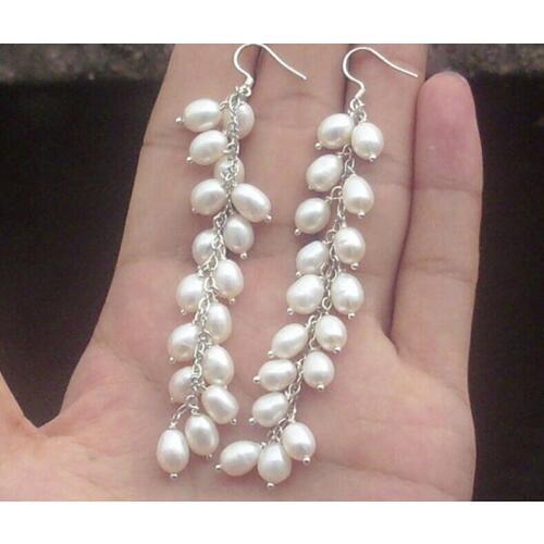 Women Jewelry Earring 3.9inch 6mm Bright White Natural Freshwater pearl highlight pearl Dangle Earring
