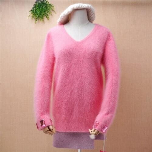 A214 ladies women fashion sweet pink mink cashmere knitted loose beading pullover angora rabbit hair jumper sweater pull tops