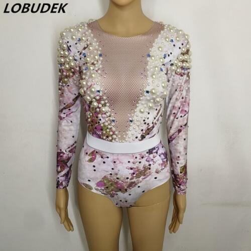 Bling Crystals White Pearl Long Sleeve Bodysuit Sexy Nightclub Female DJ Singer DS Costume Party Celebration Show Stage Outfits