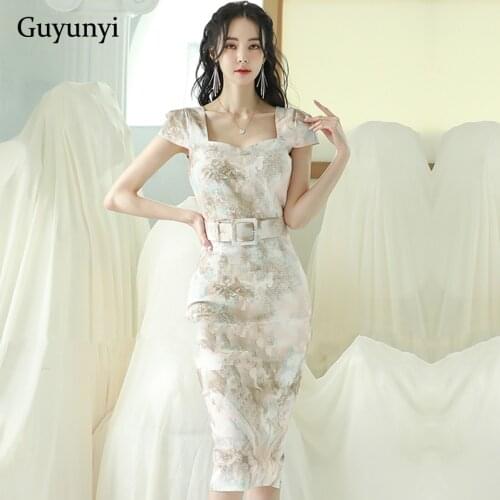 Elegant Tight Office Lady Dress 2021 Summer Square Neck Delivery Belt Fashion Print Pattern High Waist Pencil Party Dress Women